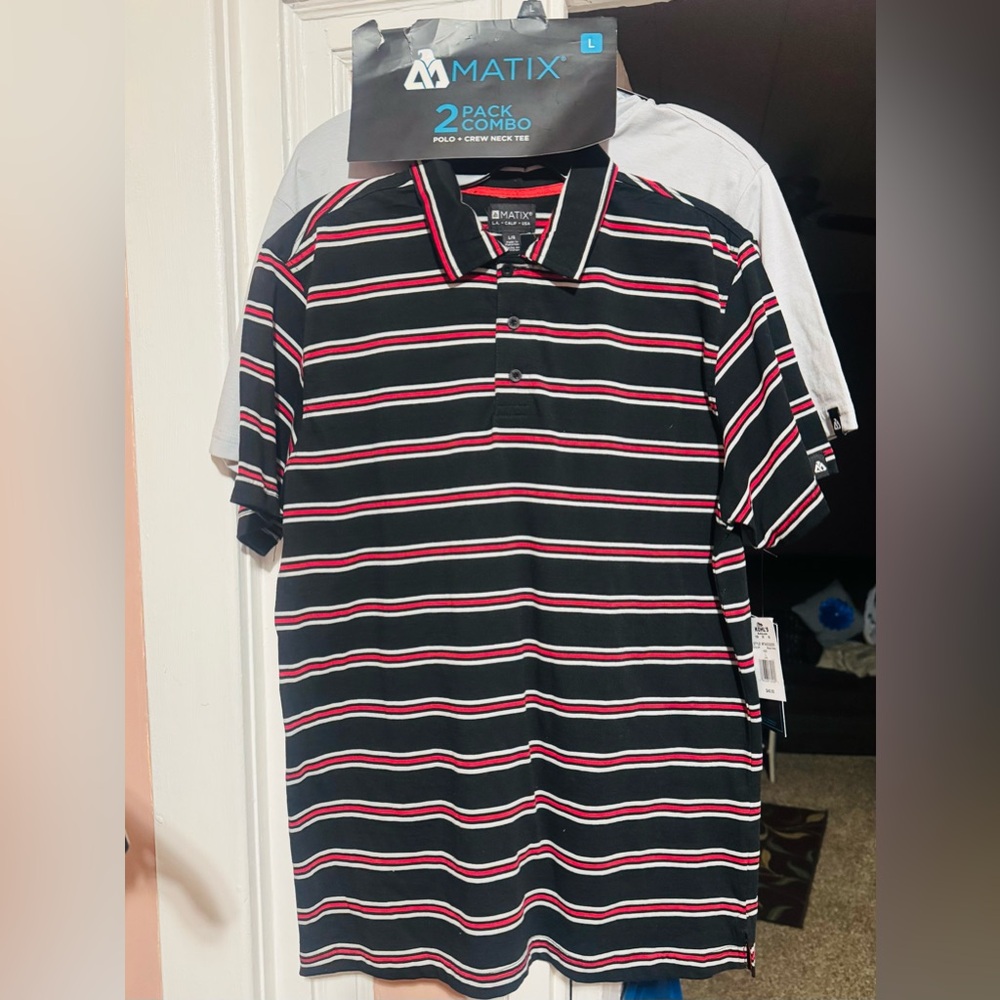 Matix Black Polo with Red and White Stripe Detail